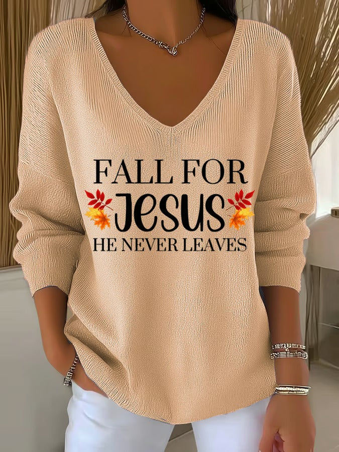 Fall For Jesus Casual V Neck Pullover Sweater - Image 2