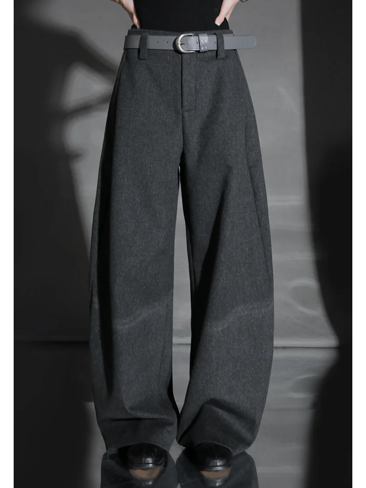 Fashion Belted Tapered Wool Trousers for Women – Elegant Cocoon Silhouette Long Suit Pants - Image 5