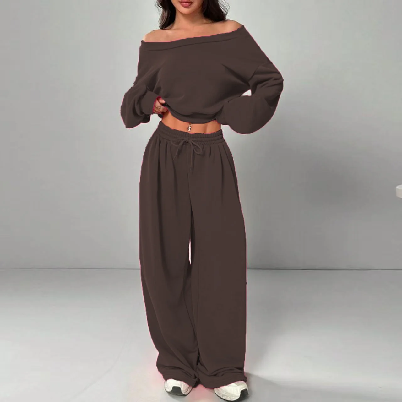 Fashion Slim-fit Off-the-shoulder Navel Solid Color Casual Pants Suit - Image 10