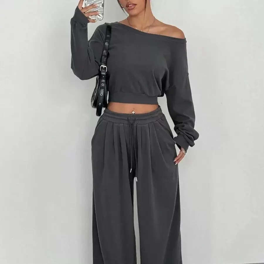Fashion Slim-fit Off-the-shoulder Navel Solid Color Casual Pants Suit - Image 11