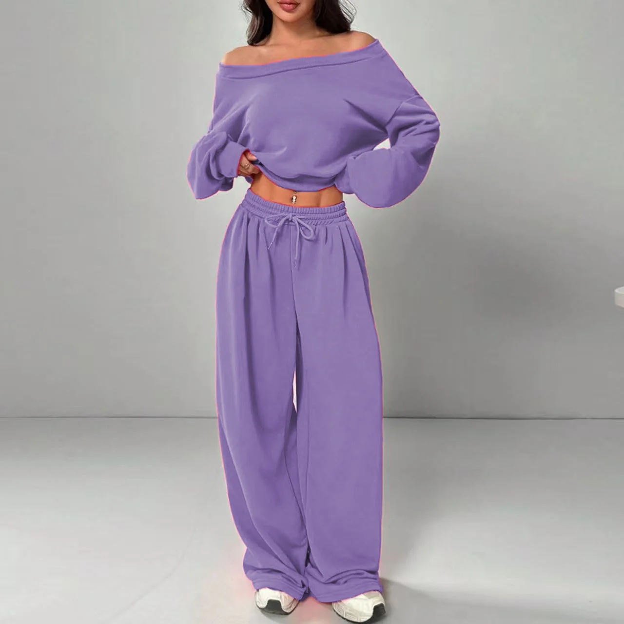 Fashion Slim-fit Off-the-shoulder Navel Solid Color Casual Pants Suit - Image 12