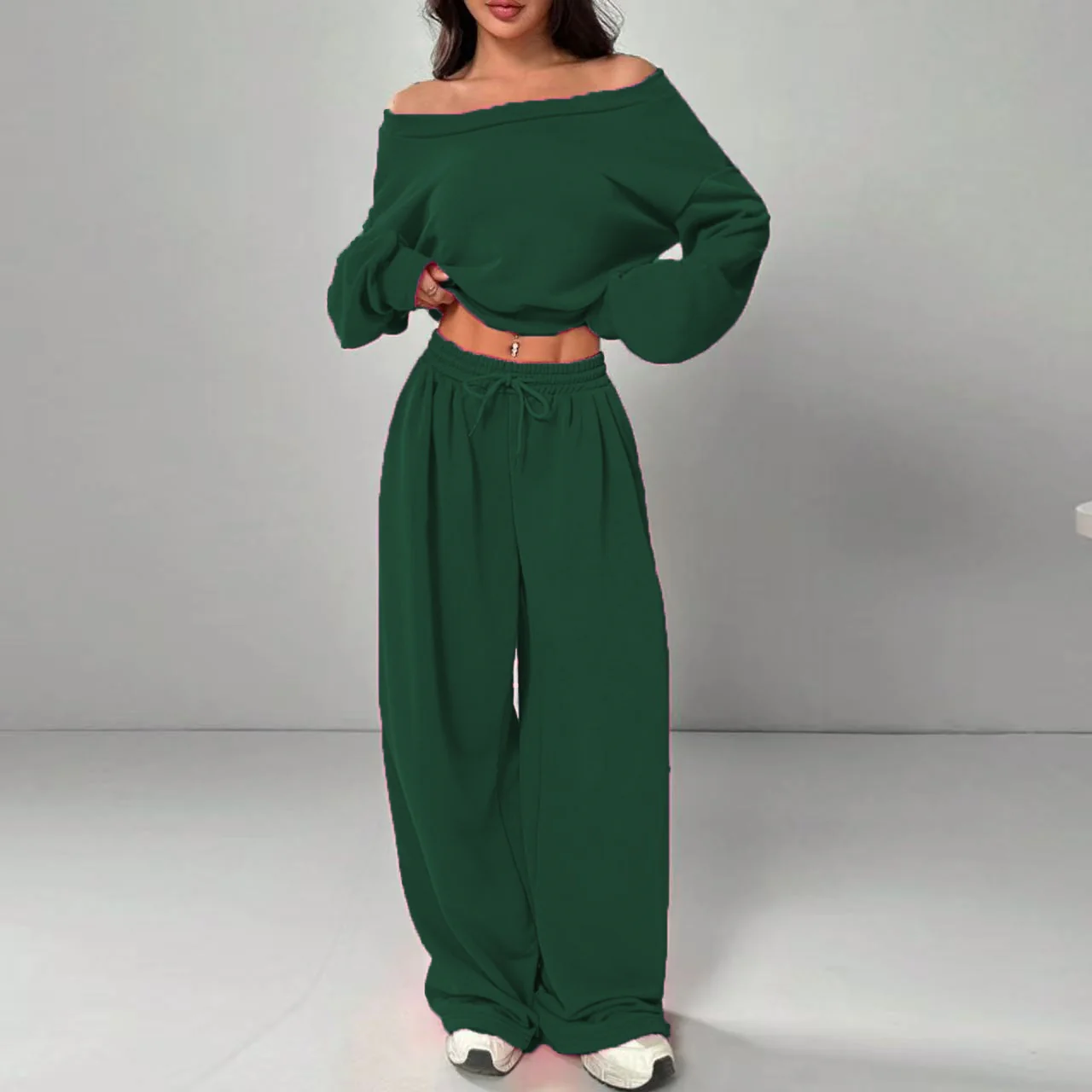 Fashion Slim-fit Off-the-shoulder Navel Solid Color Casual Pants Suit - Image 4