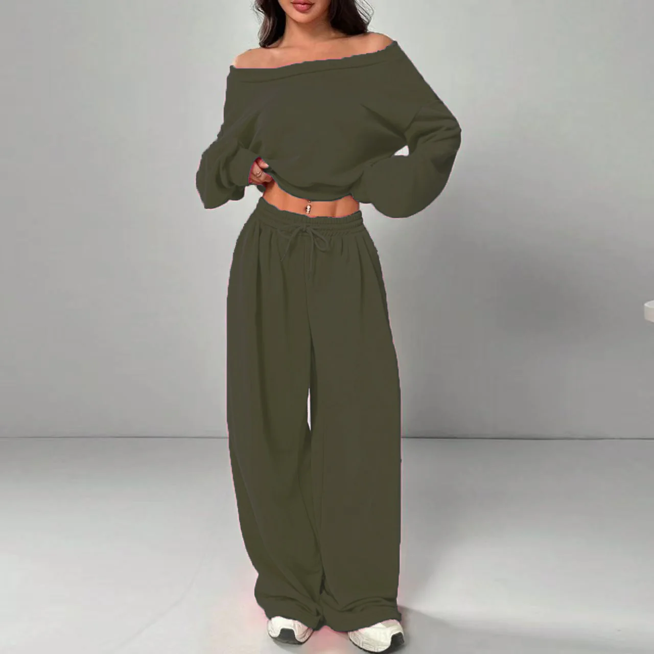 Fashion Slim-fit Off-the-shoulder Navel Solid Color Casual Pants Suit - Image 6