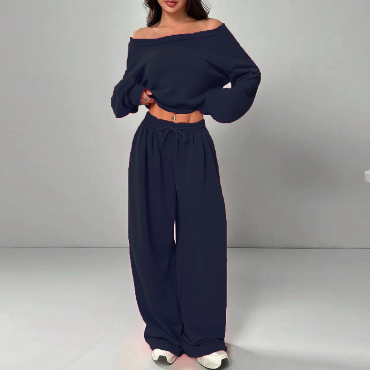 Fashion Slim-fit Off-the-shoulder Navel Solid Color Casual Pants Suit - Image 9