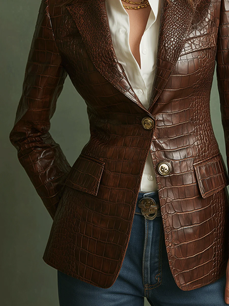 Fashionable Chocolate Crocodile-embossed Blazer - Image 2