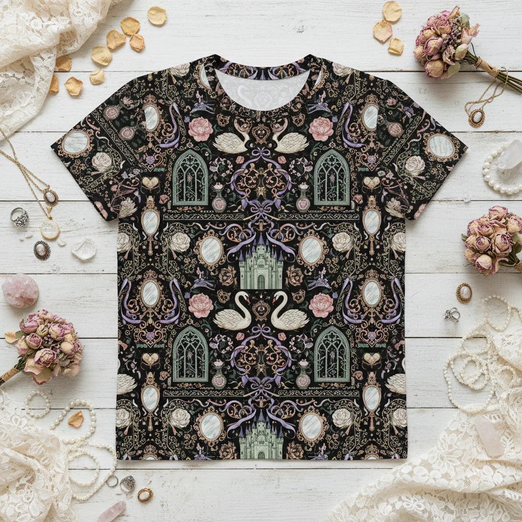 Feminine Medieval Fairytale Print T-Shirt - Romantic Gothic Tee