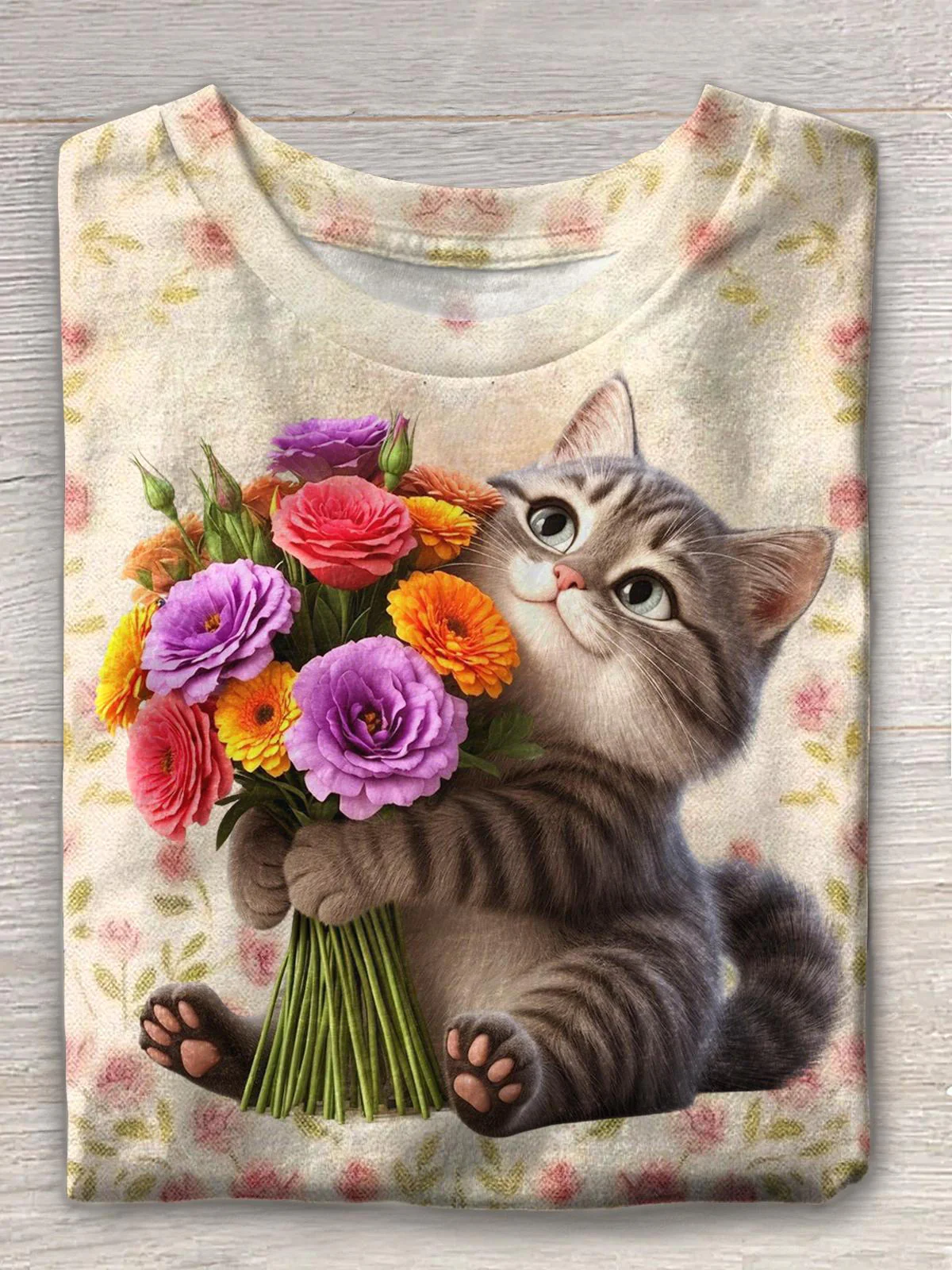 Floral And Cat Crew Neck T-shirt