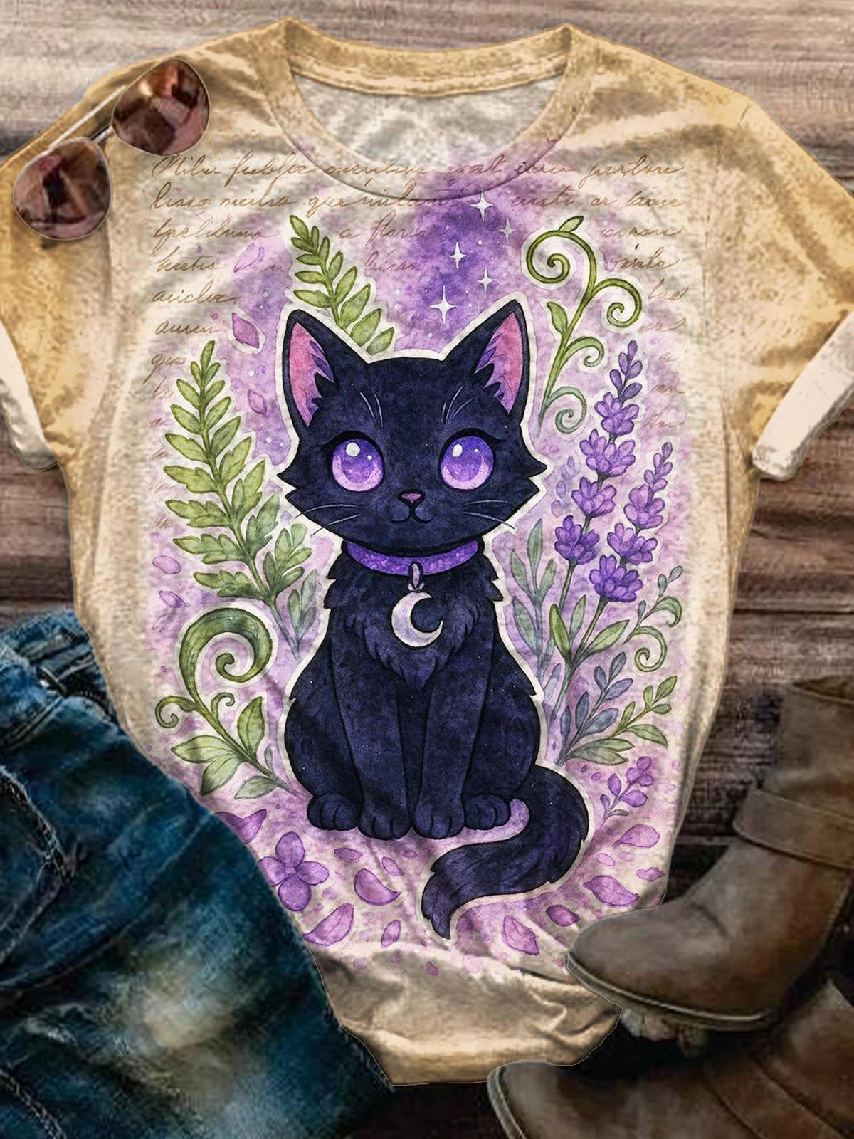 Floral Cat Print Crew Neck T-shirt