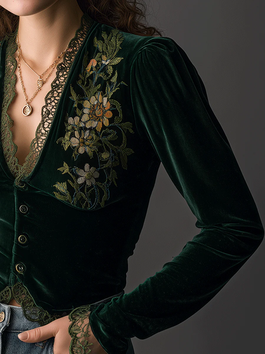 Floral Embroidered Velvet Shirt - Image 2