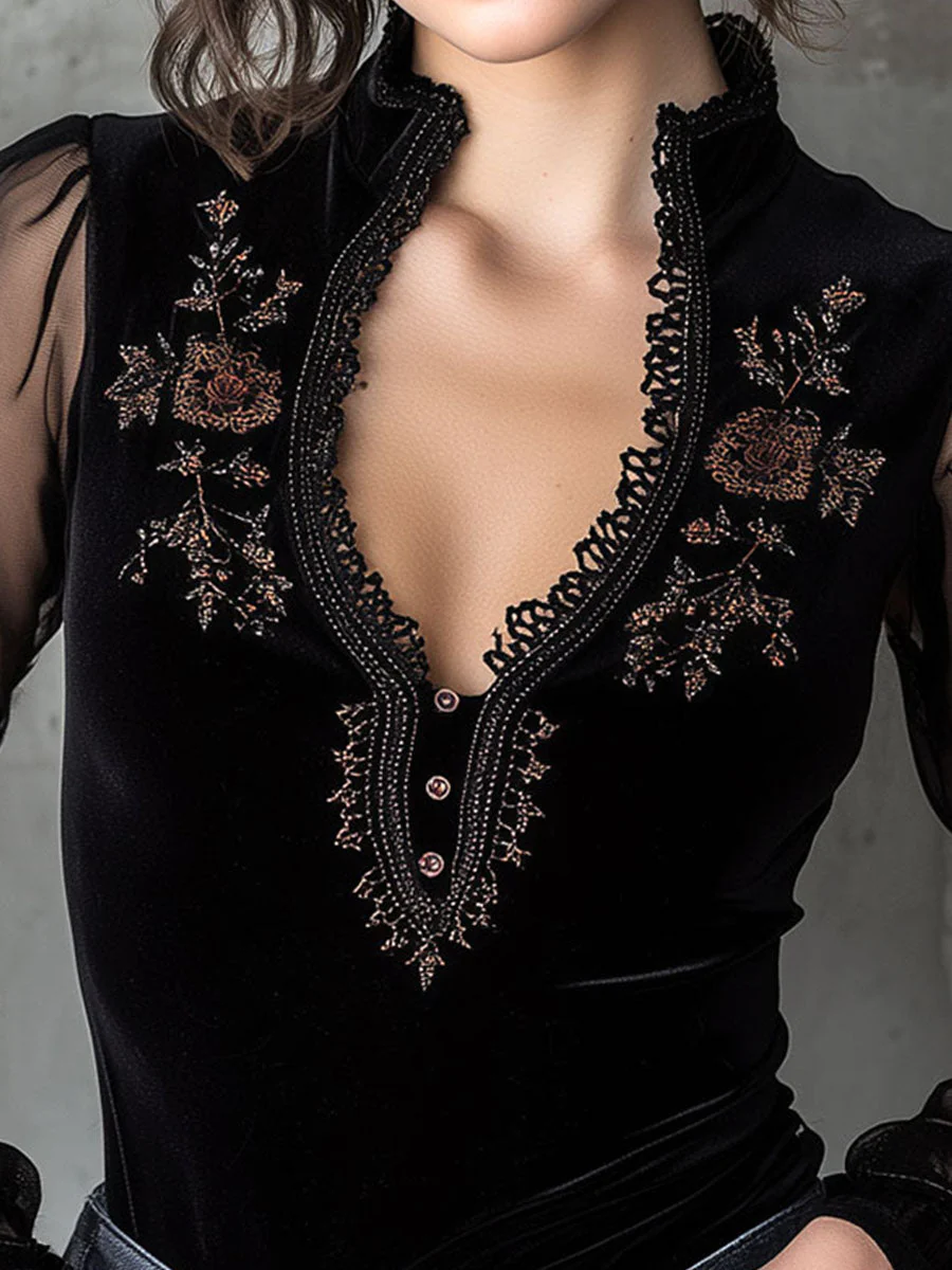 Floral Embroidery Velvet Sheer Sleeve Top With Lace Trim - Image 2