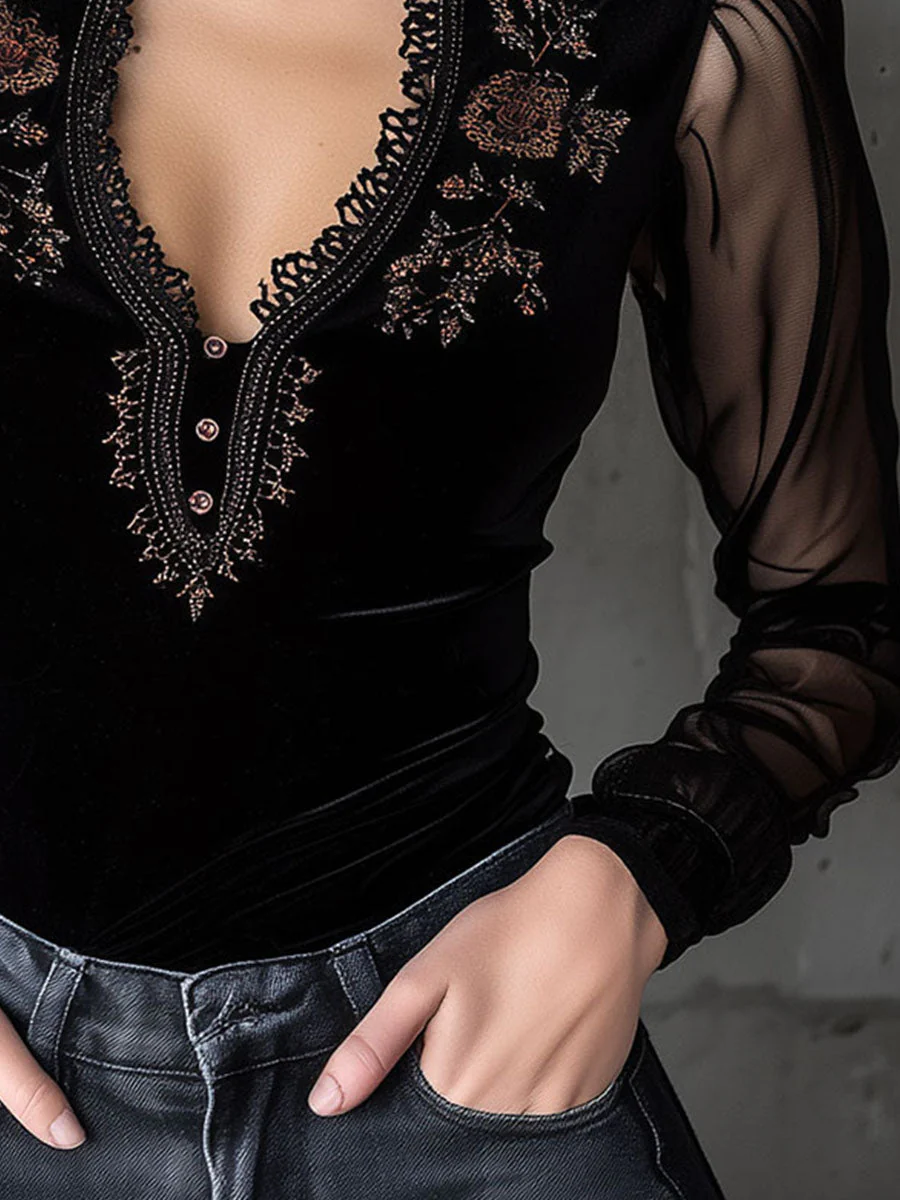 Floral Embroidery Velvet Sheer Sleeve Top With Lace Trim - Image 3