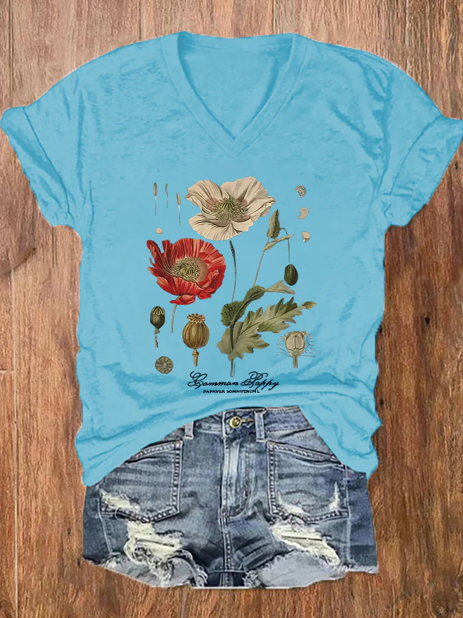 Floral Graphic Print V-neck Women's T-shirt - Image 3