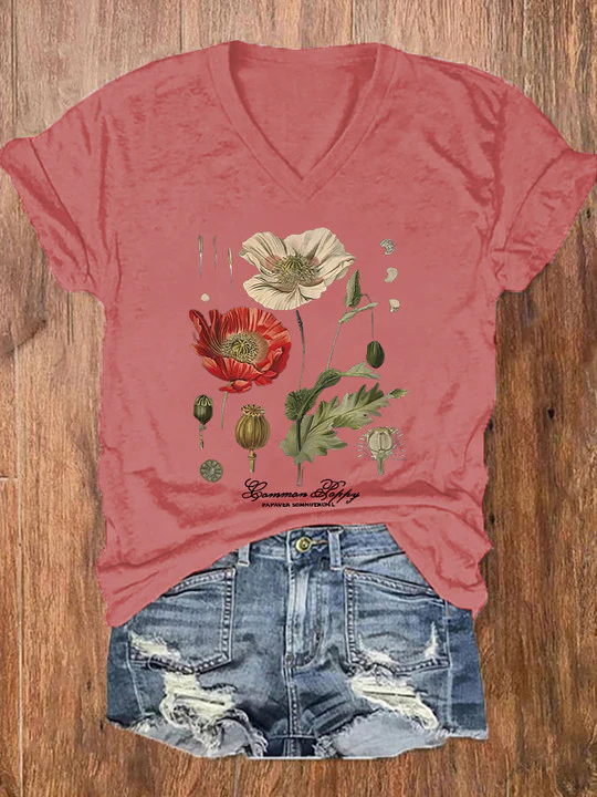 Floral Graphic Print V-neck Women's T-shirt - Image 4