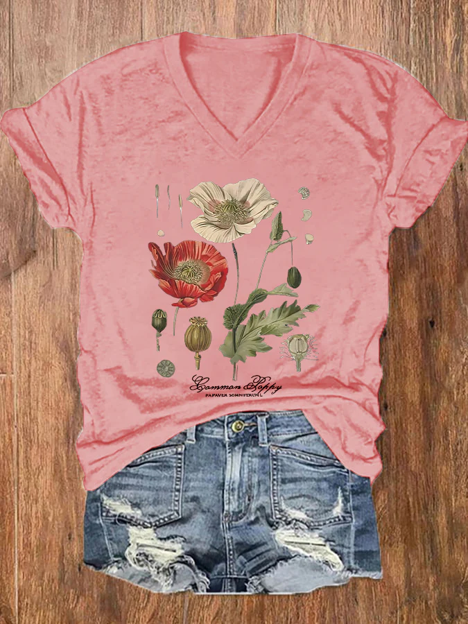 Floral Graphic Print V-neck Women's T-shirt - Image 6