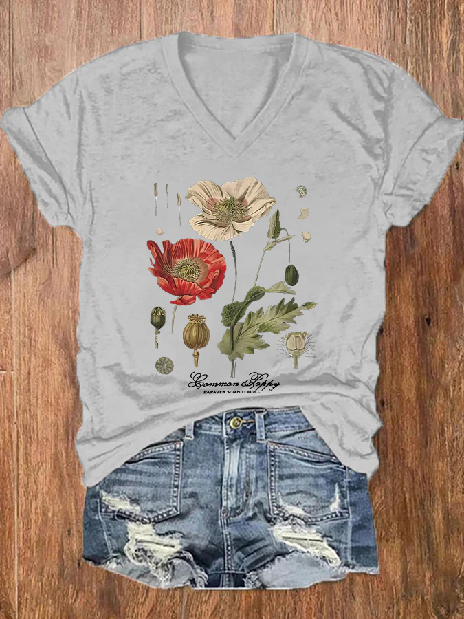 Floral Graphic Print V-neck Women's T-shirt - Image 7
