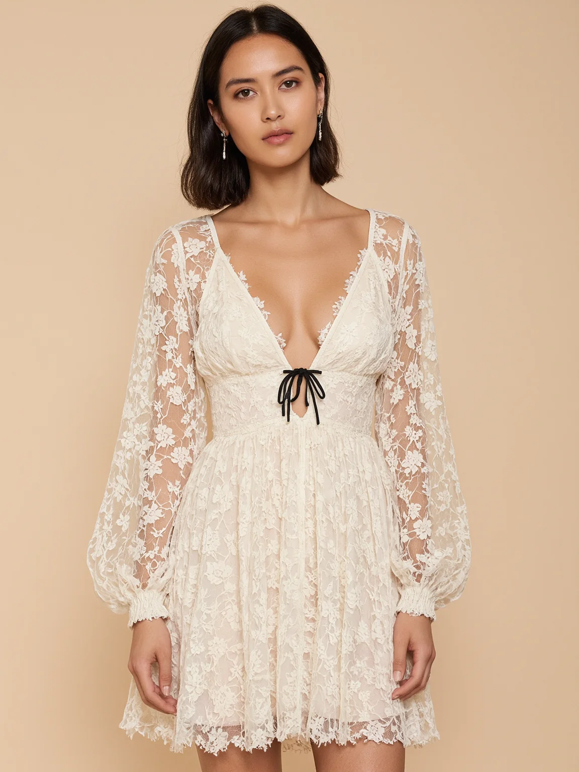 Floral Lace Deep V Tie Front Ivory Mini Dress