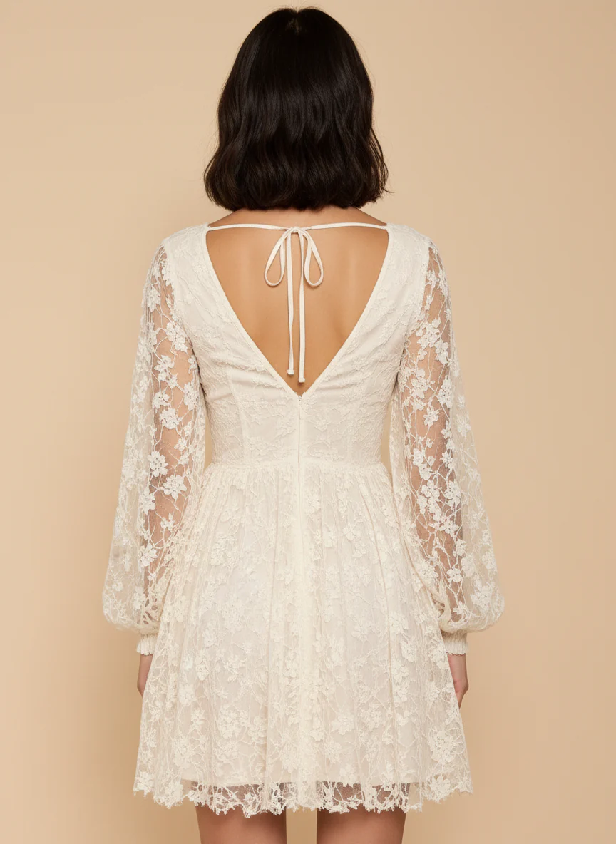 Floral Lace Deep V Tie Front Ivory Mini Dress - Image 2
