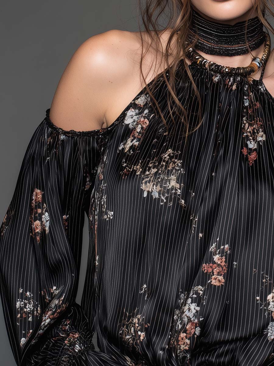 Floral Pinstripe Halter Cold-Shoulder Blouse - Image 2