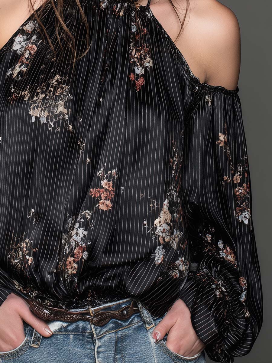 Floral Pinstripe Halter Cold-Shoulder Blouse - Image 3