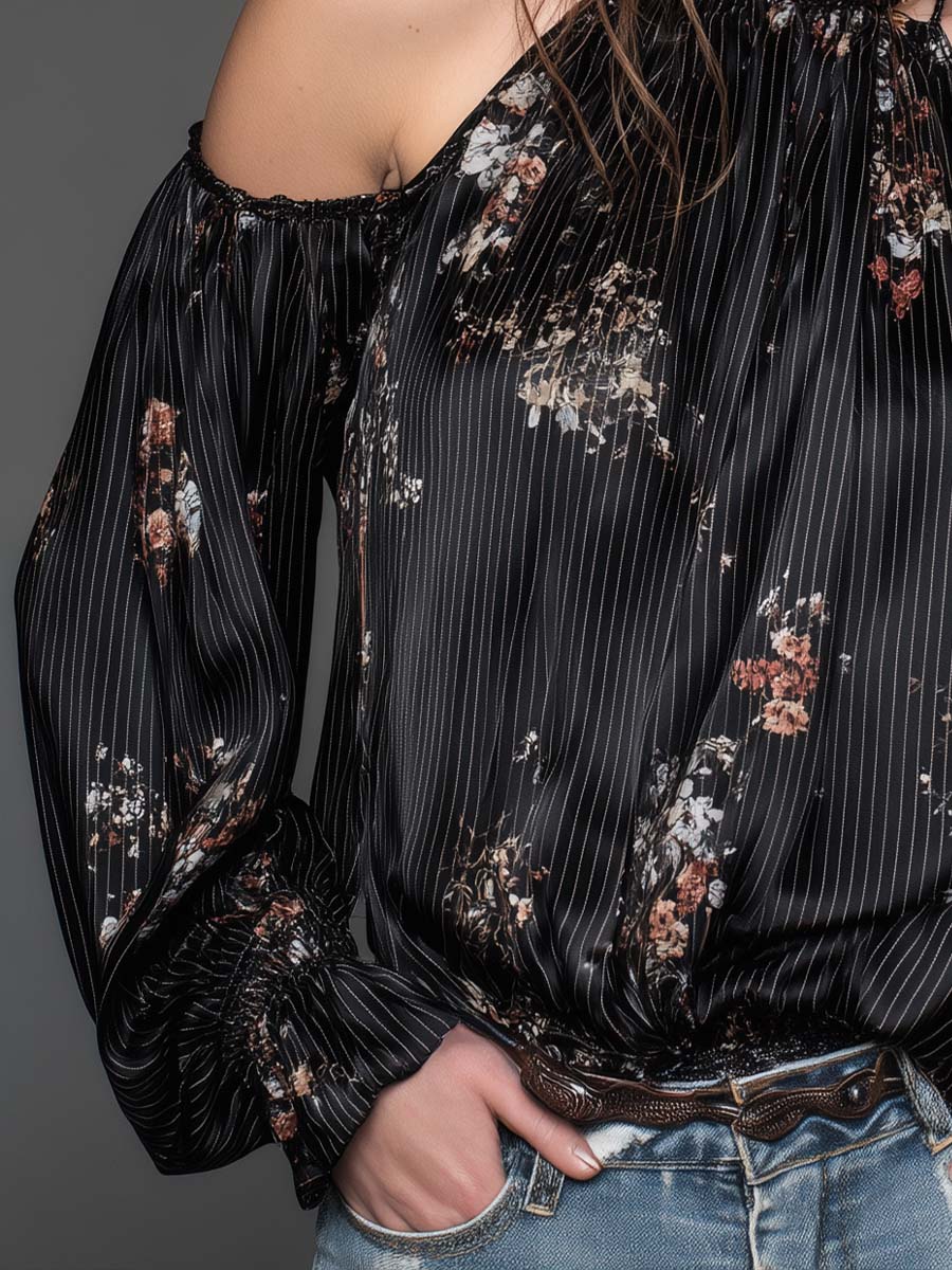 Floral Pinstripe Halter Cold-Shoulder Blouse - Image 4