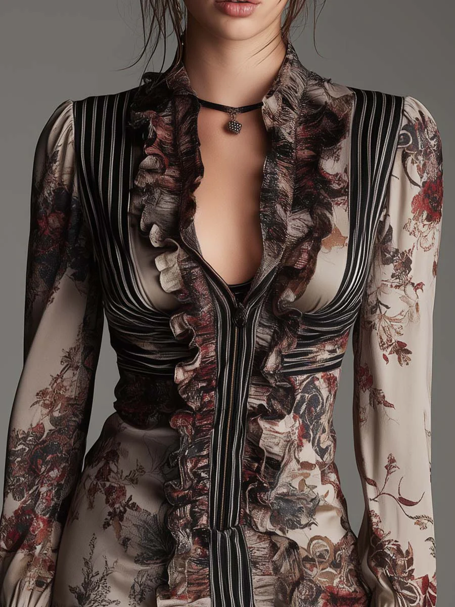 Floral Pinstripe Ruffle Zip-Front Mini Dress - Image 2