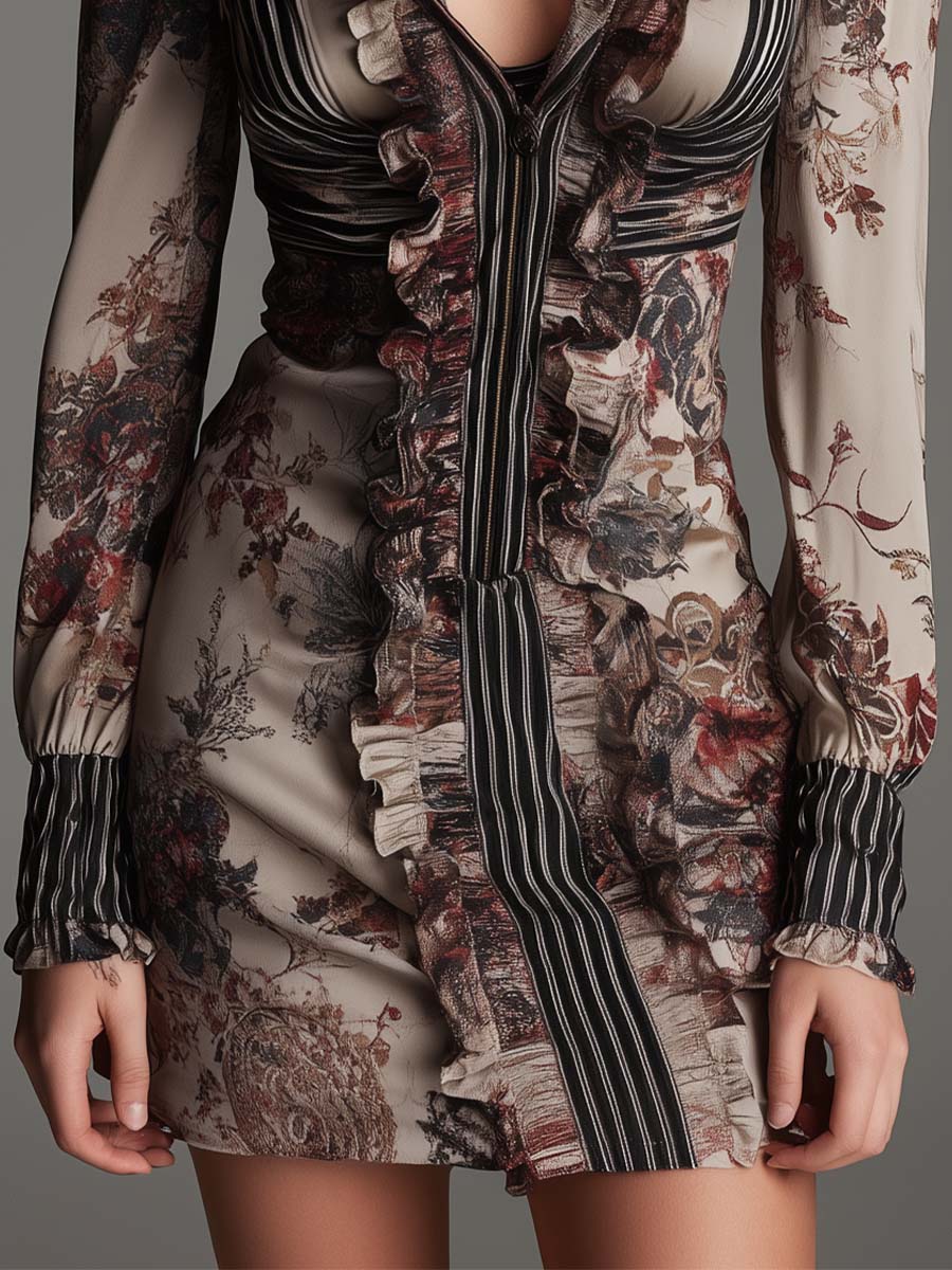 Floral Pinstripe Ruffle Zip-Front Mini Dress - Image 3