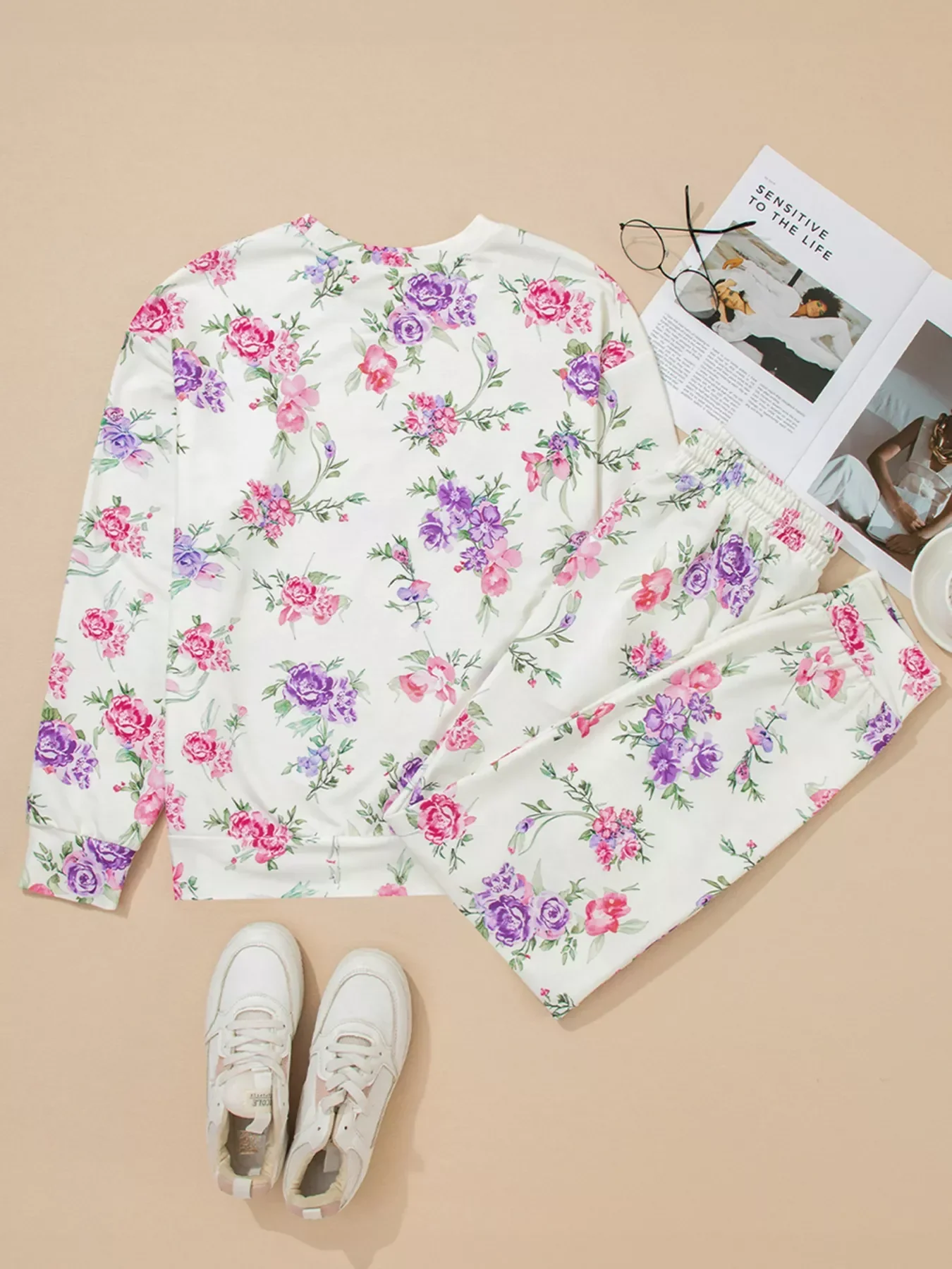 Floral Print Round Neck Top and Drawstring Pants Lounge Set - Image 4