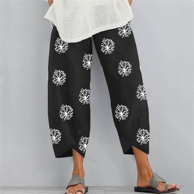 Floral Printed Elastic Waist Wide Leg Cotton-Linen Pants - Image 3