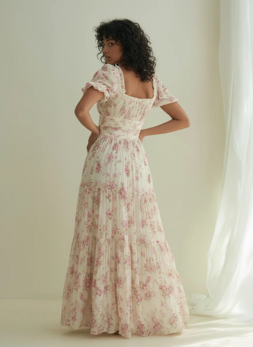 Floral Smocked Bodice Puff Sleeve Maxi Dress - Image 2