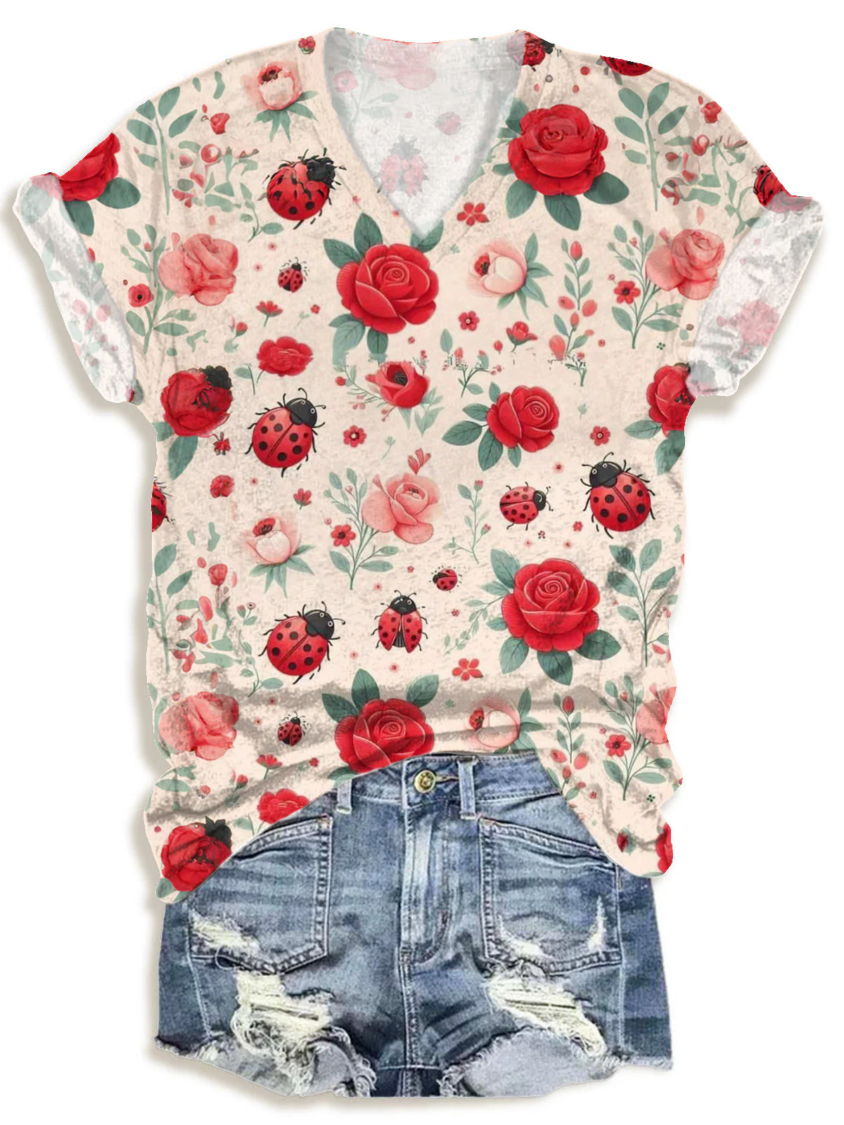 Floral Valentine's Day Print V-neck T-Shirt