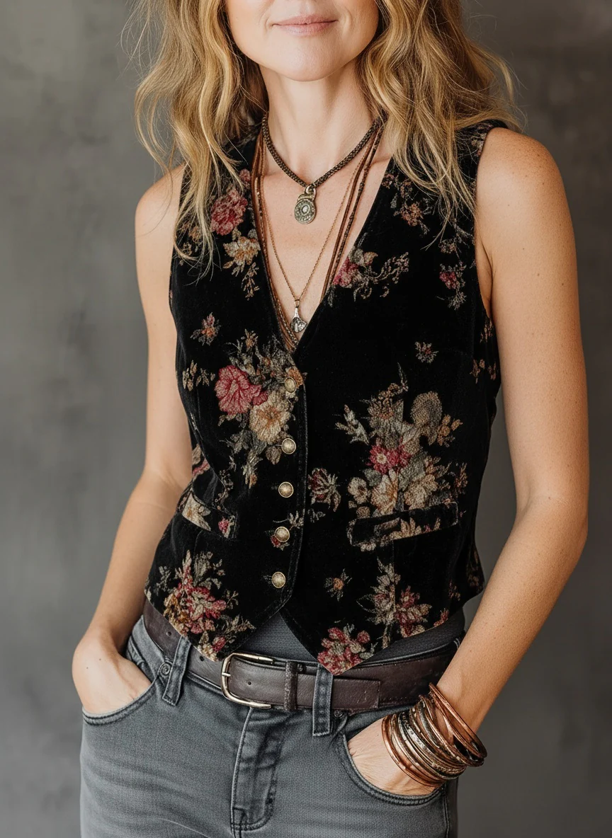 Floral Velvet Button-Up Vest - Image 3