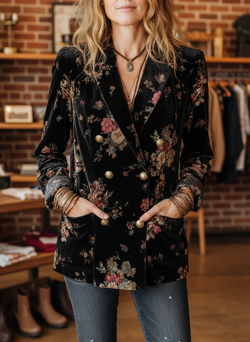 Floral Velvet Double-Breasted Blazer - Image 3