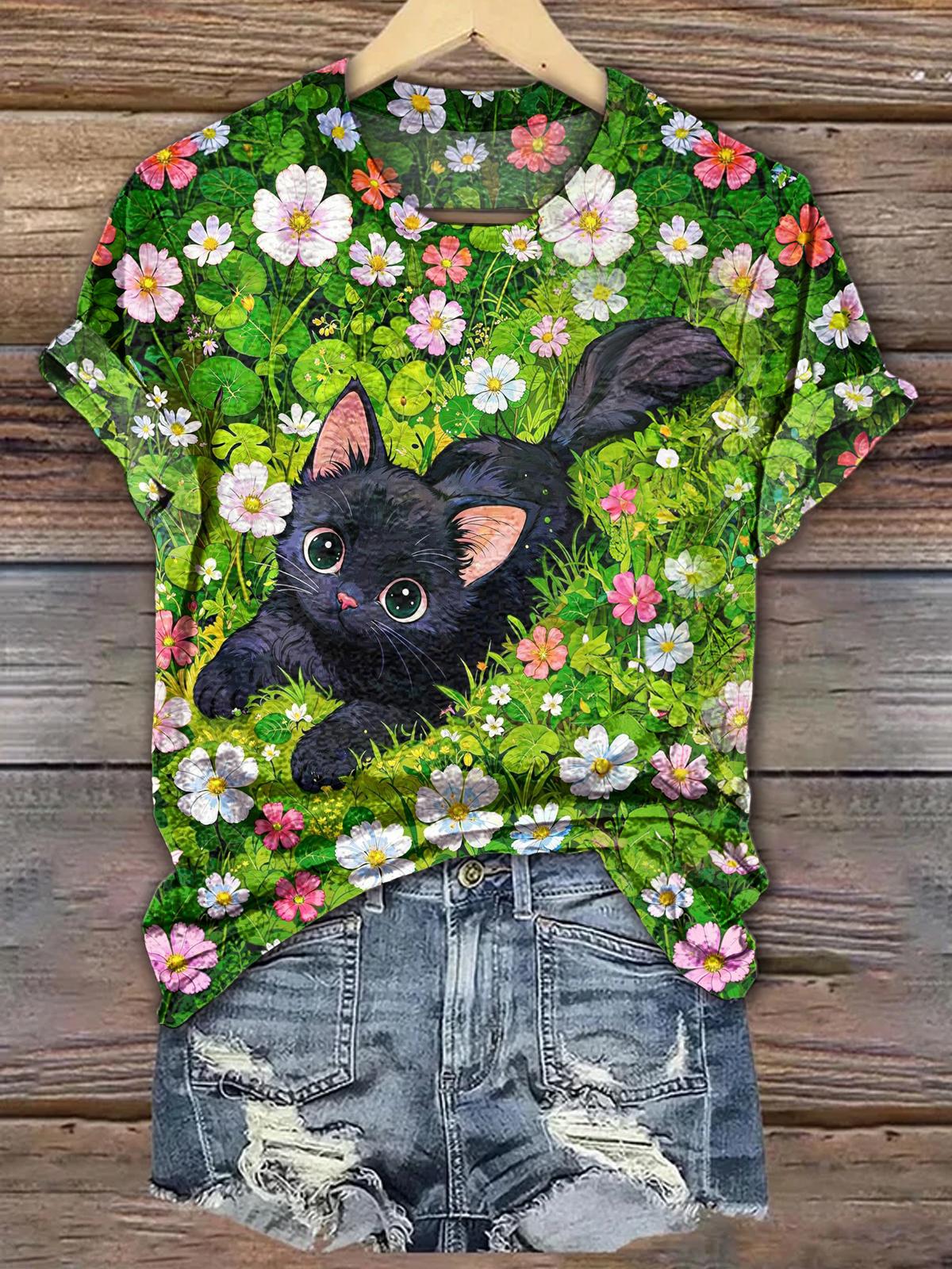 Flower Cat Crew Neck T-shirt