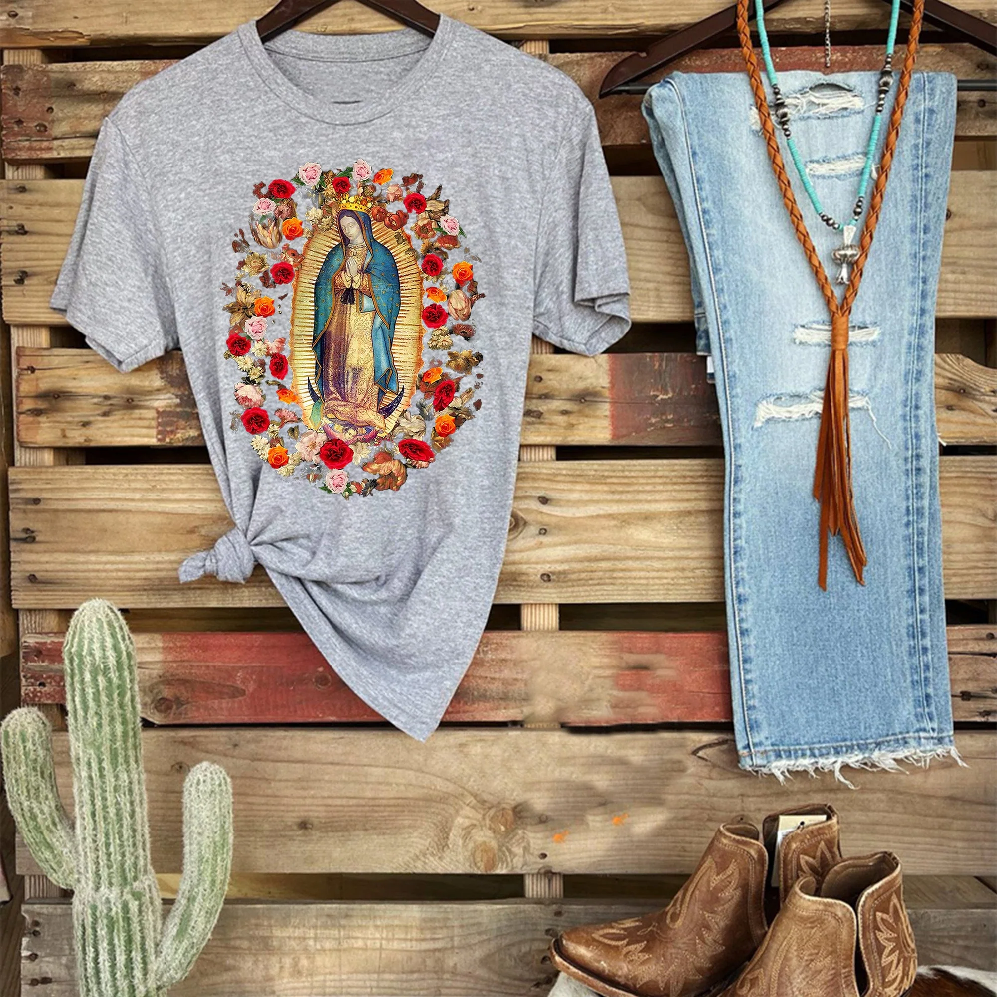 Virgin Mary Print Virgen de Guadalupe Women's T-shirt - Image 3