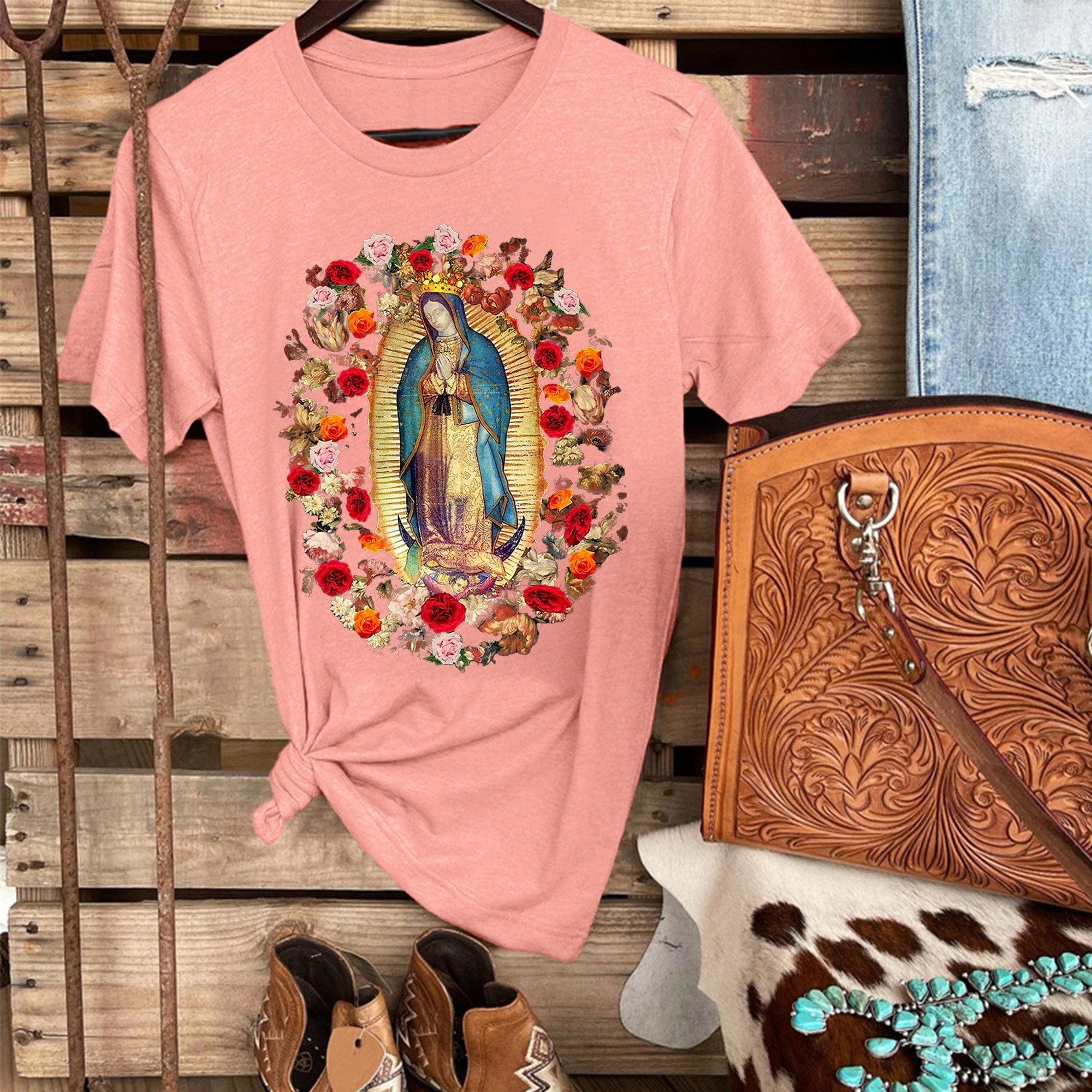 Virgin Mary Print Virgen de Guadalupe Women's T-shirt - Image 7
