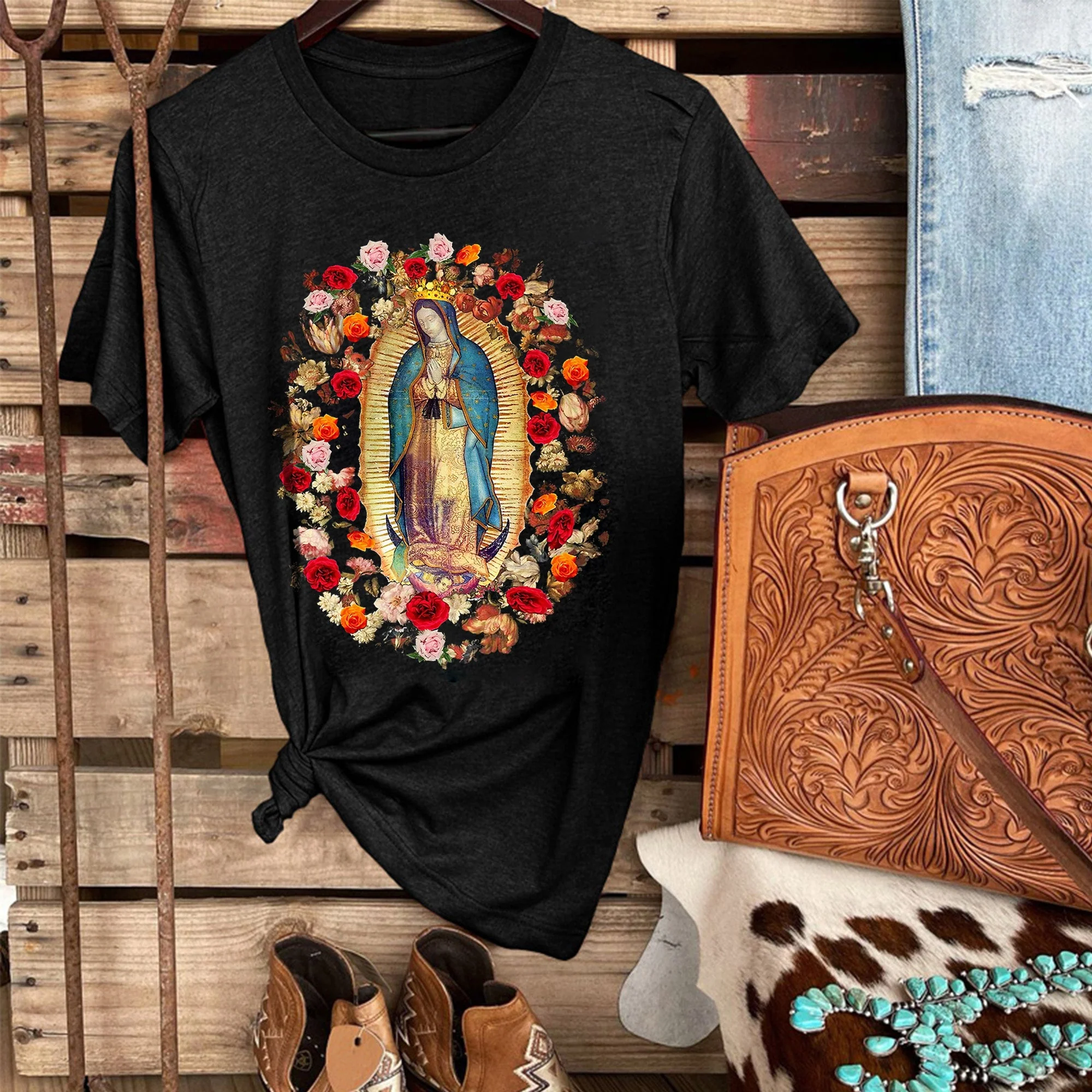 Virgin Mary Print Virgen de Guadalupe Women's T-shirt - Image 8