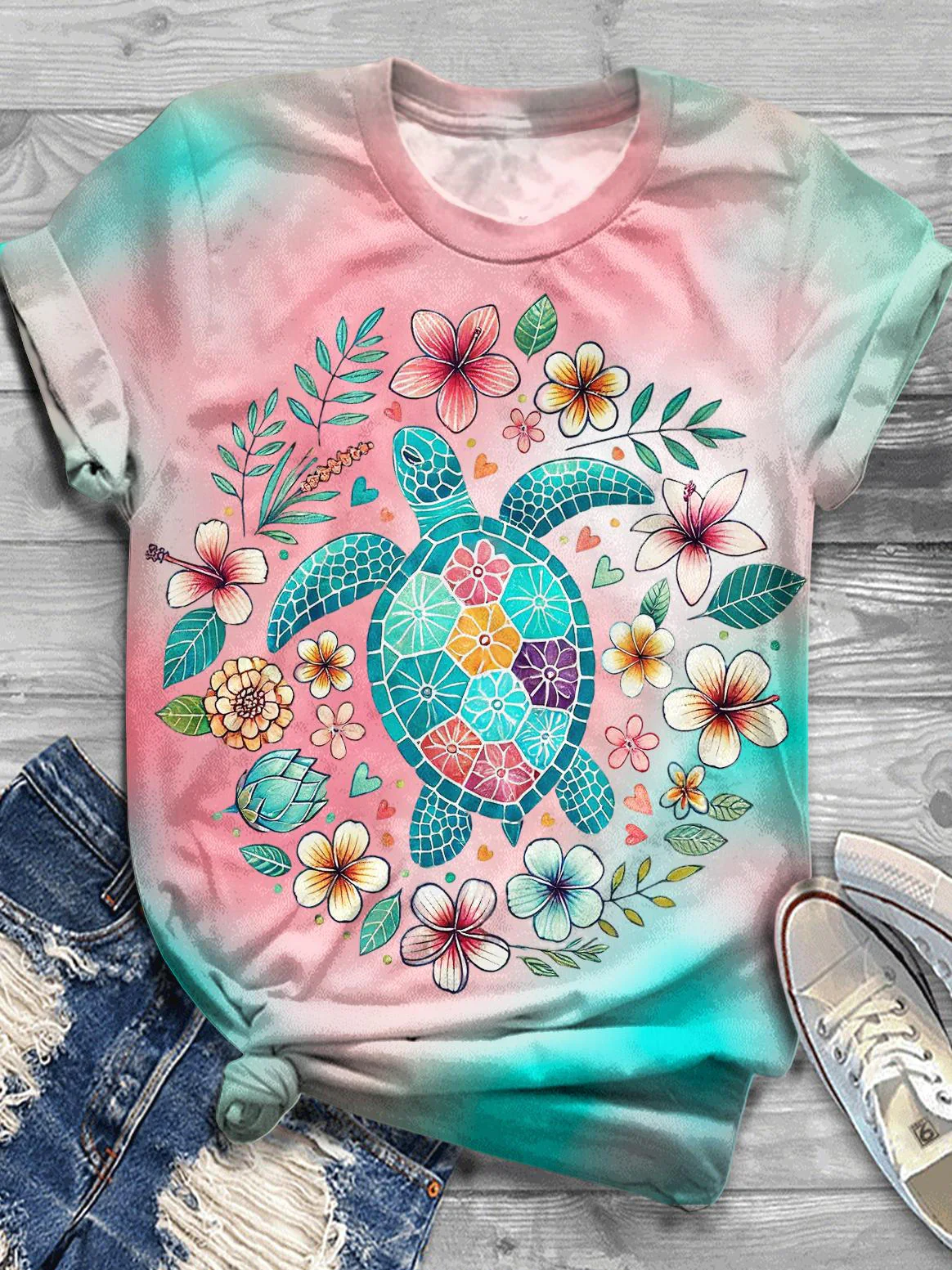 Flower Turtle Print Crew Neck T-shirt