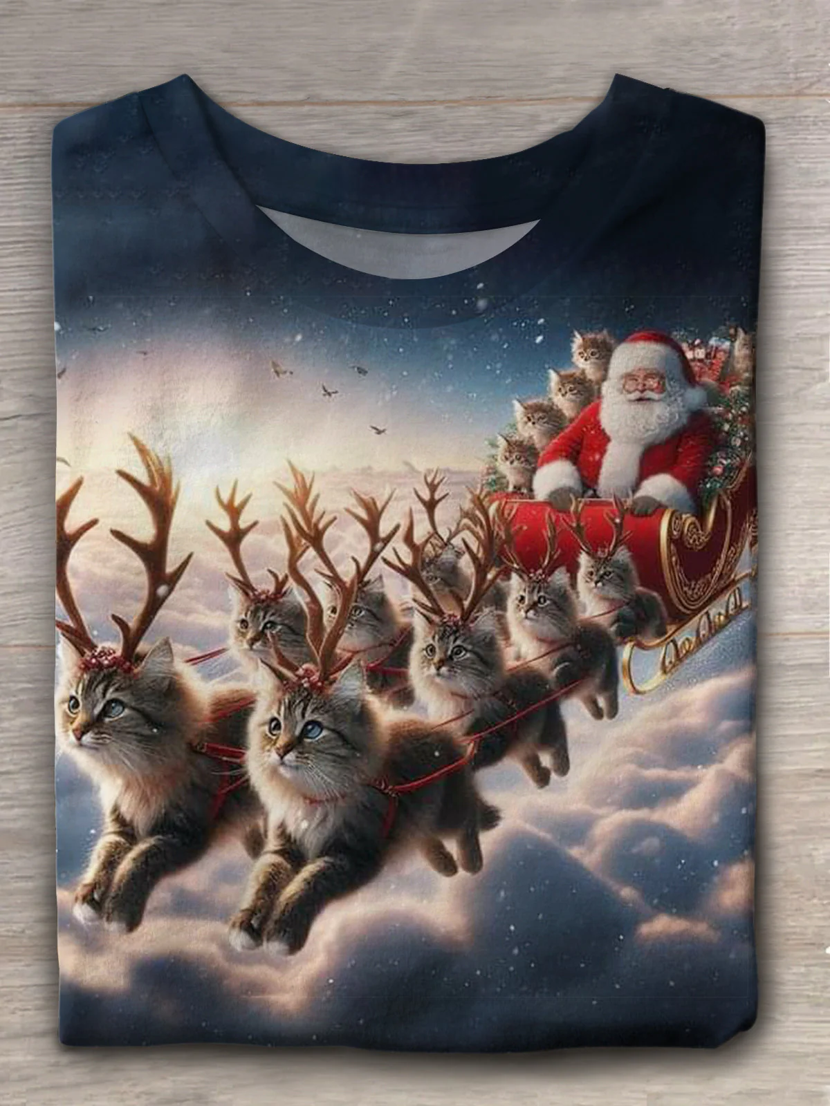 Fluffy Cats Pulling Sleigh In Winter Crew Neck T-shirt
