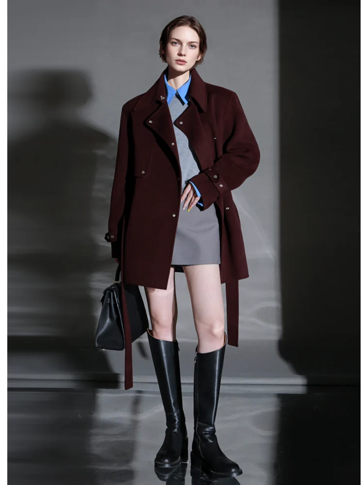 French Minimalist Chic Wool Coat for Women – Double-Faced Cashmere Overcoat with Lapel and Metal Buttons, Fall Winter Elegant Outerwear - Image 2