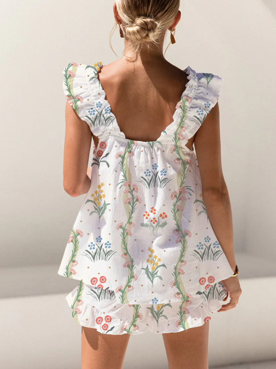 Fresh Style Flowers And Plants Print Ruffled Trim Short Tank Top Shorts Pajama Set - Image 2