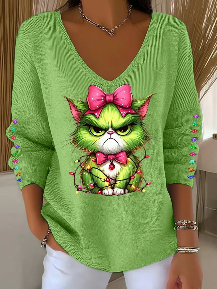 Fun Christmas Cat Casual V Neck Pullover Sweater - Image 2
