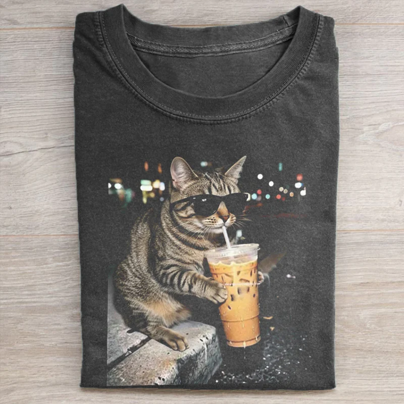 Funny Cat Drinking Iced Coffee T-shirt