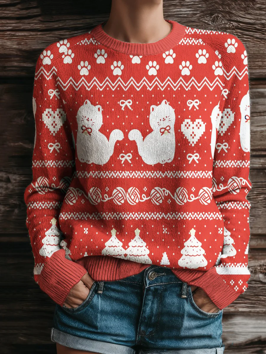 Funny Christmas Cat Snowflake Western Women's Crew Neck Sweater