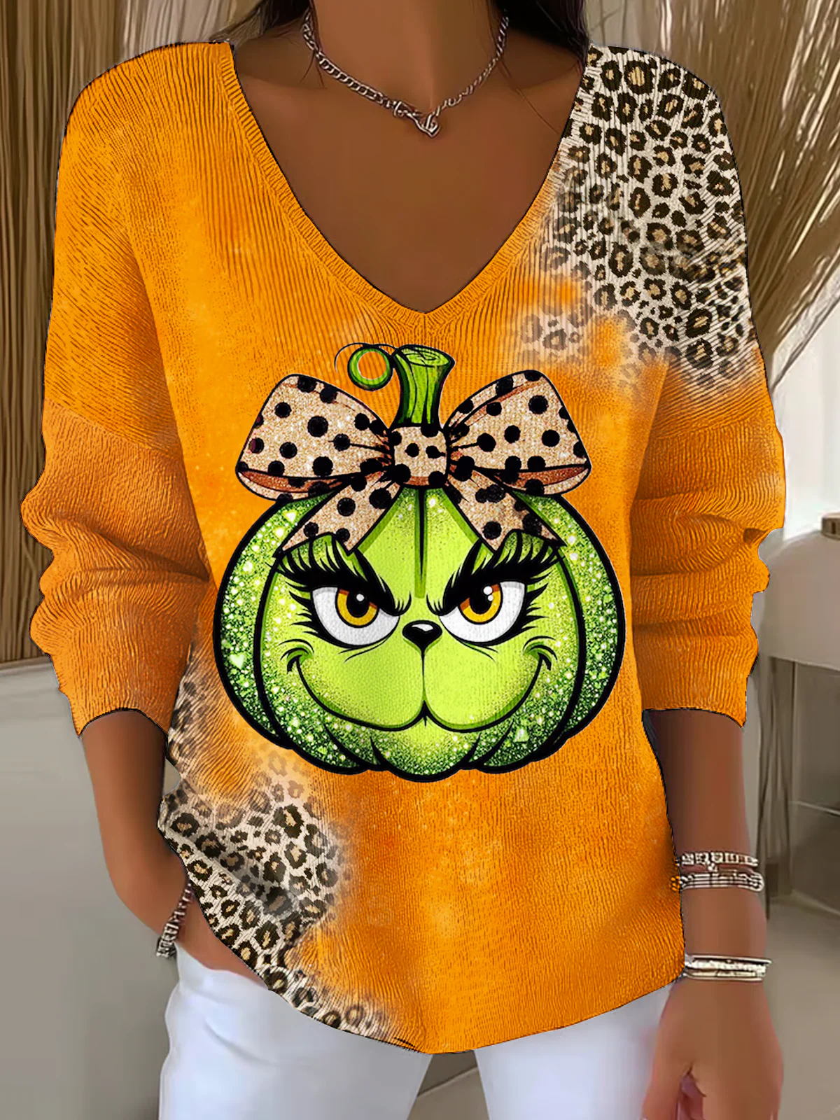 Funny Christmas Leopard Pumpkin Casual V Neck Pullover Sweater - Image 2
