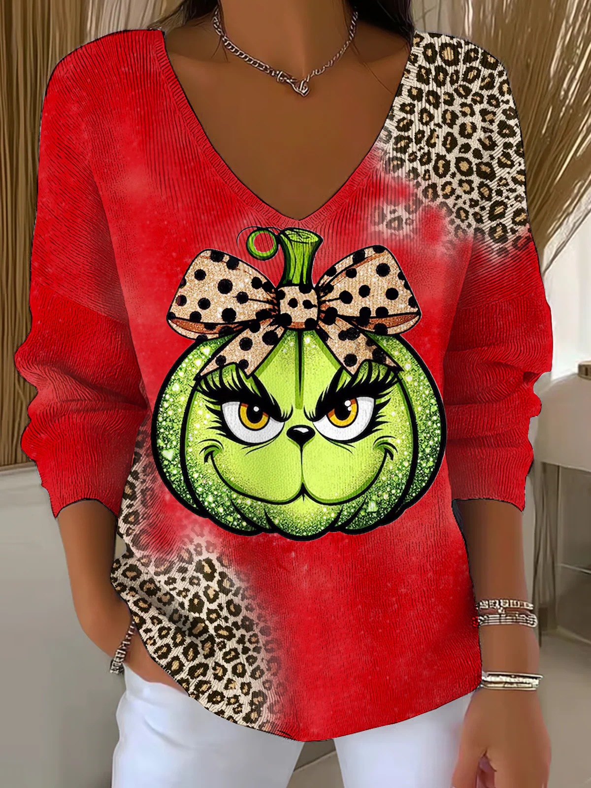 Funny Christmas Leopard Pumpkin Casual V Neck Pullover Sweater - Image 3