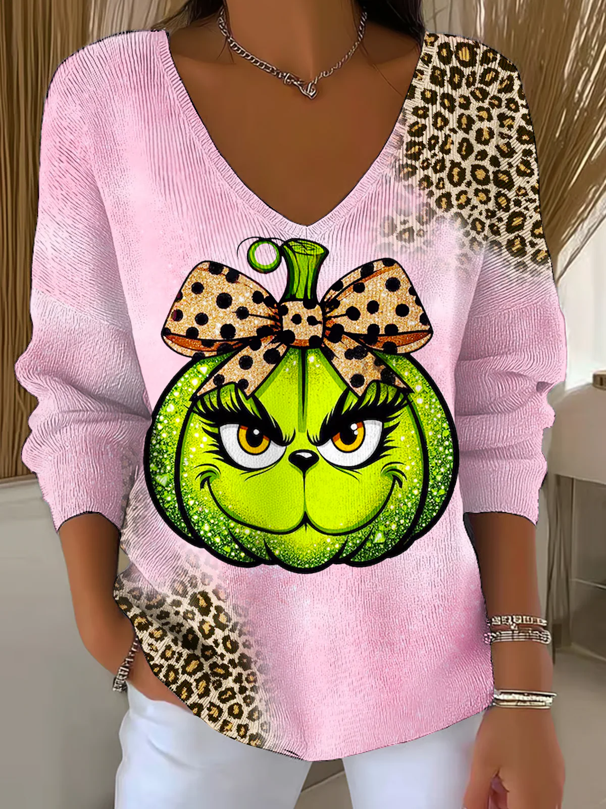 Funny Christmas Leopard Pumpkin Casual V Neck Pullover Sweater - Image 4