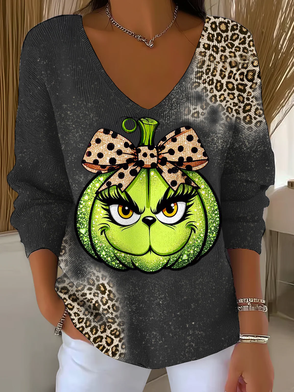 Funny Christmas Leopard Pumpkin Casual V Neck Pullover Sweater - Image 5