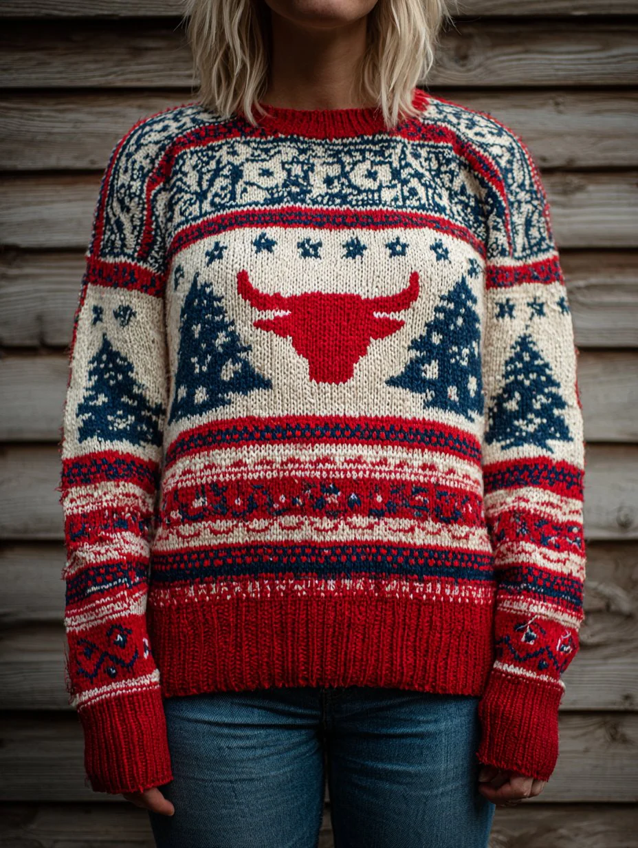 Funny Christmas Tree Bull Head Western Women's Crew Neck Sweater