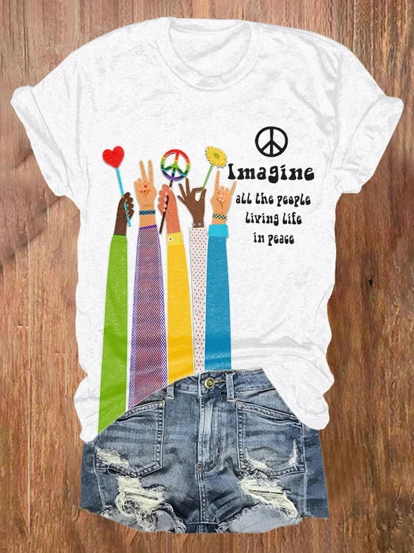 Retro Hippie Imagine All The People Living Life In Peace Print Shirt - Image 5