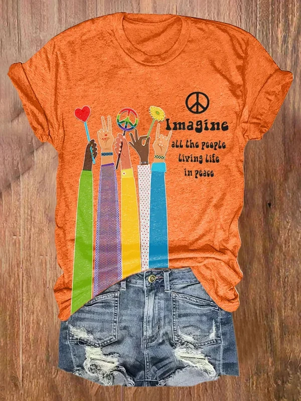 Retro Hippie Imagine All The People Living Life In Peace Print Shirt - Image 6